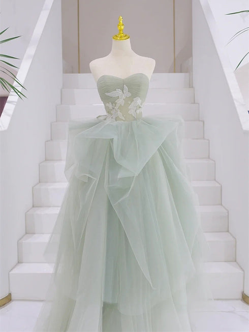 Light Green Sweetheart Tulle Long A-line Prom Dress, Light Green Tulle Party Dress